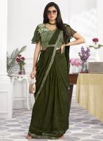 Shimmer Georgette Olive Party Wear Embroidery Work Ready To Wear Saree